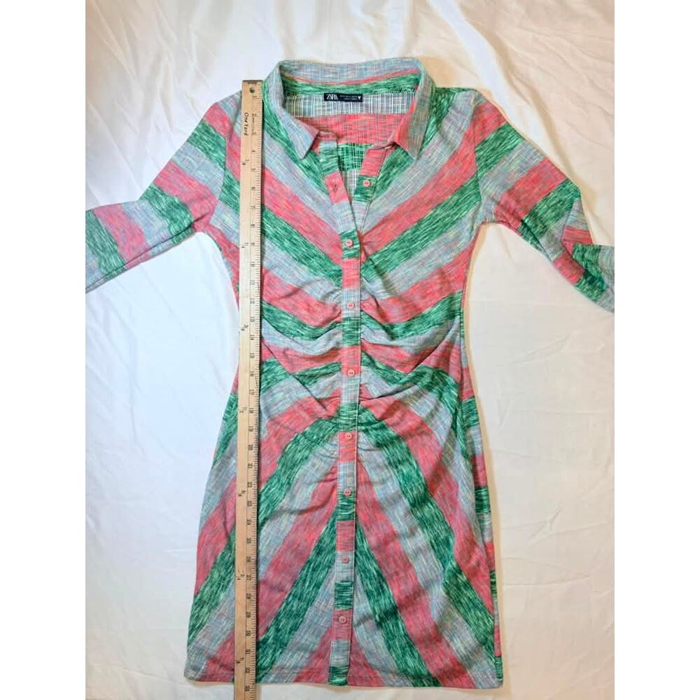 Zara Womens Size S Multicolor Striped Ruched Button Front Mini Shirt Dress - Picture 5 of 7